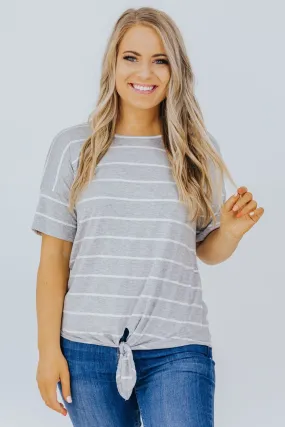 A Good Day To Be Happy Striped Tee In Heather Grey