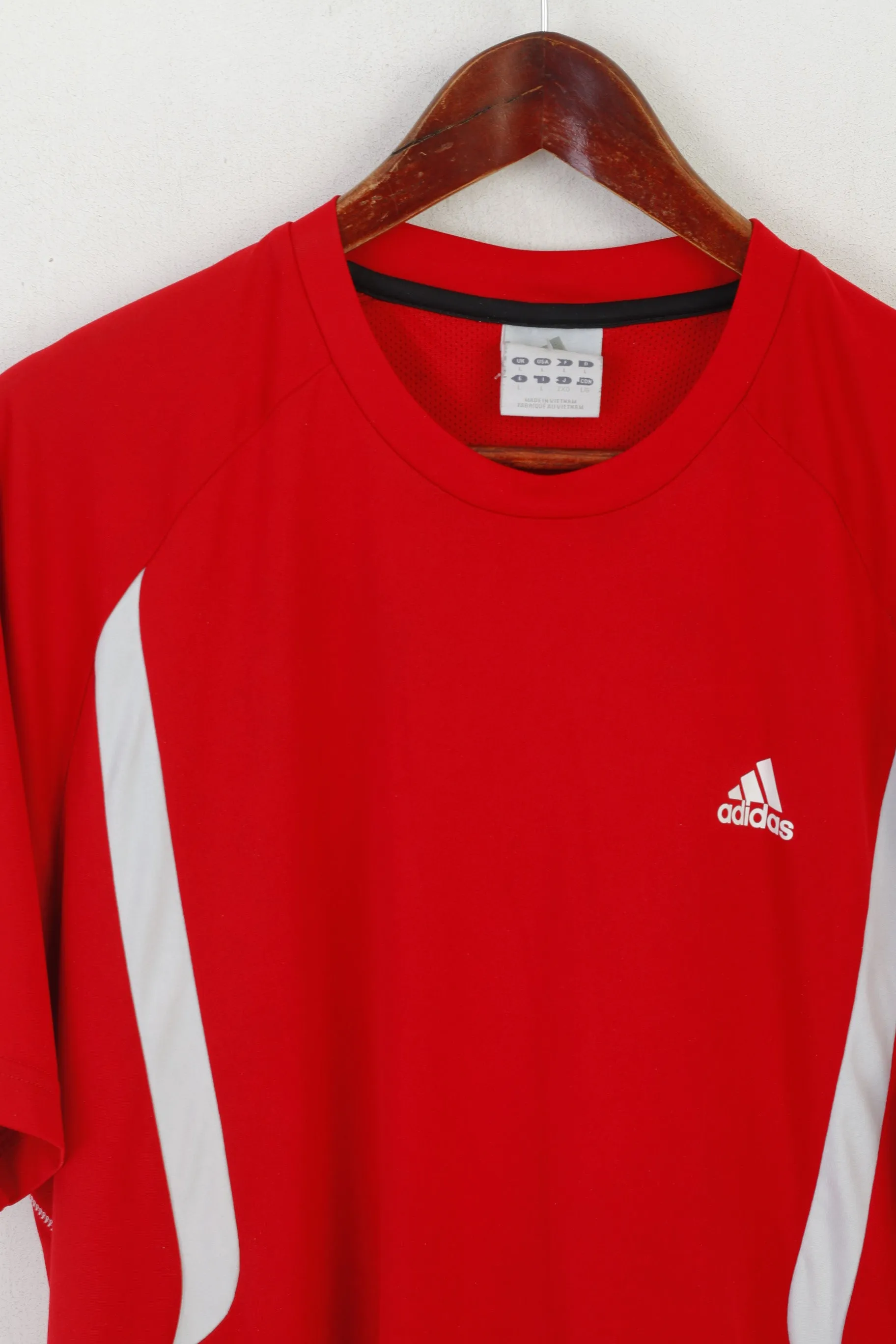 Adidas Men L Shirt Red Sportswear Vintage Training Gym Jersey Top