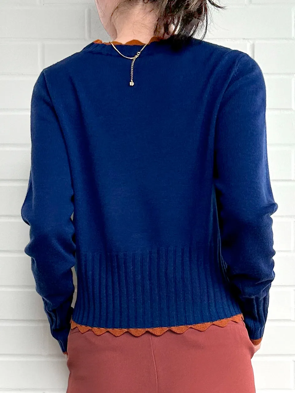 Blue Contrast Scallop Trim Cashmere & Wool Cropped Cardigan