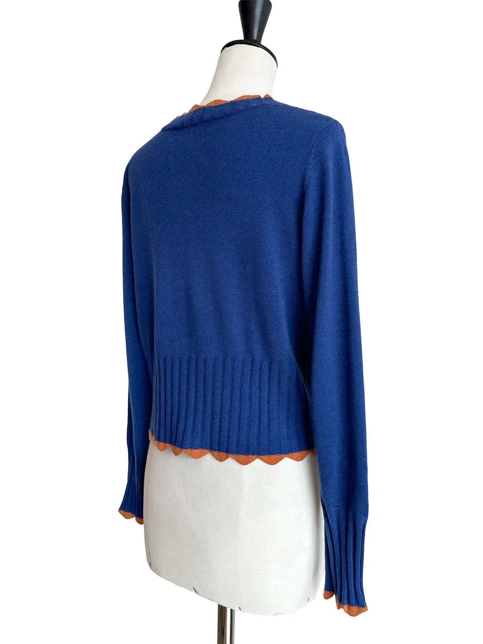 Blue Contrast Scallop Trim Cashmere & Wool Cropped Cardigan