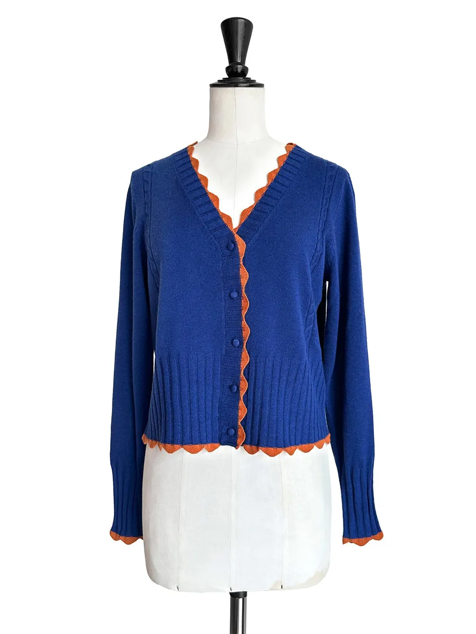 Blue Contrast Scallop Trim Cashmere & Wool Cropped Cardigan