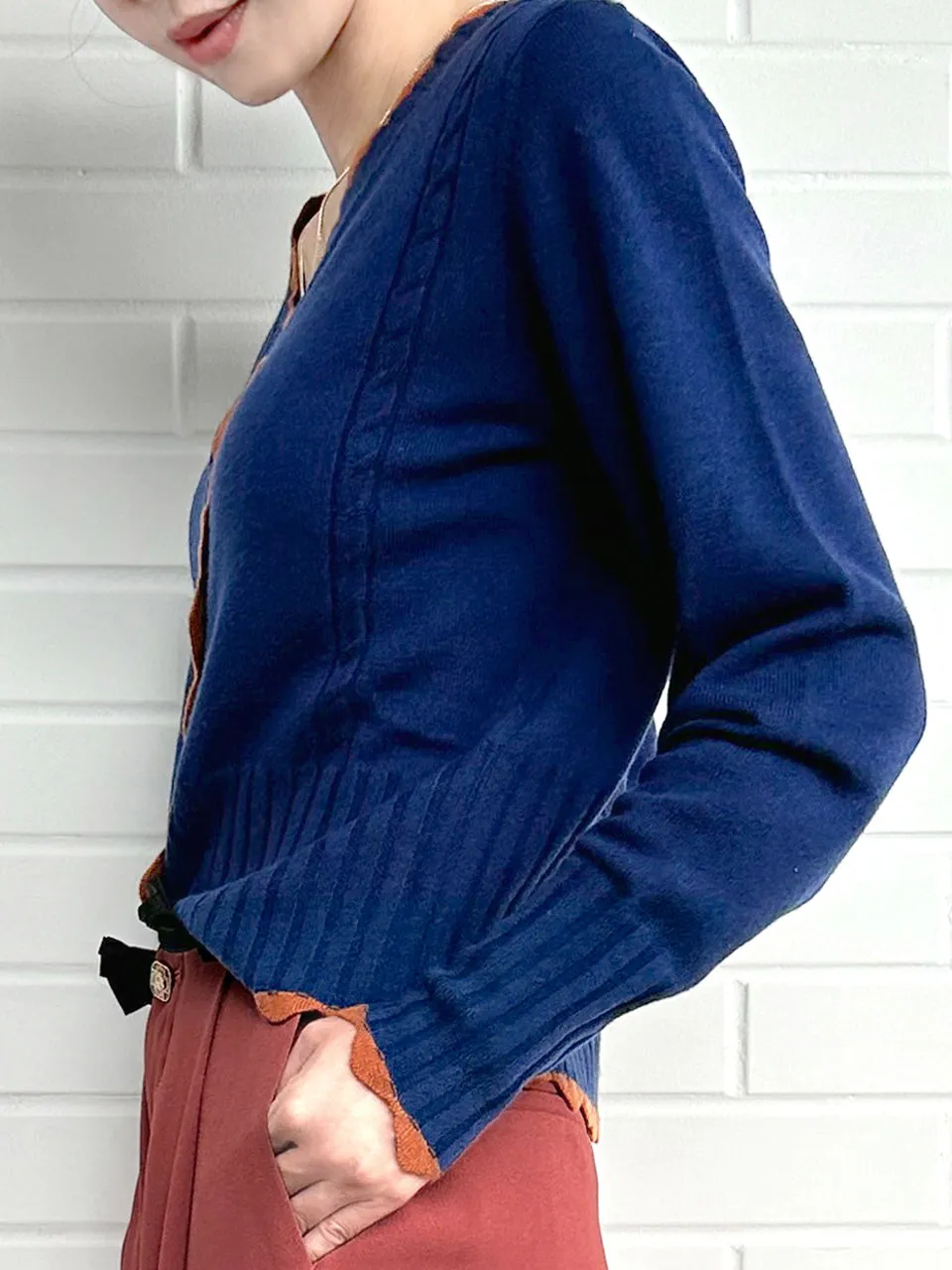 Blue Contrast Scallop Trim Cashmere & Wool Cropped Cardigan