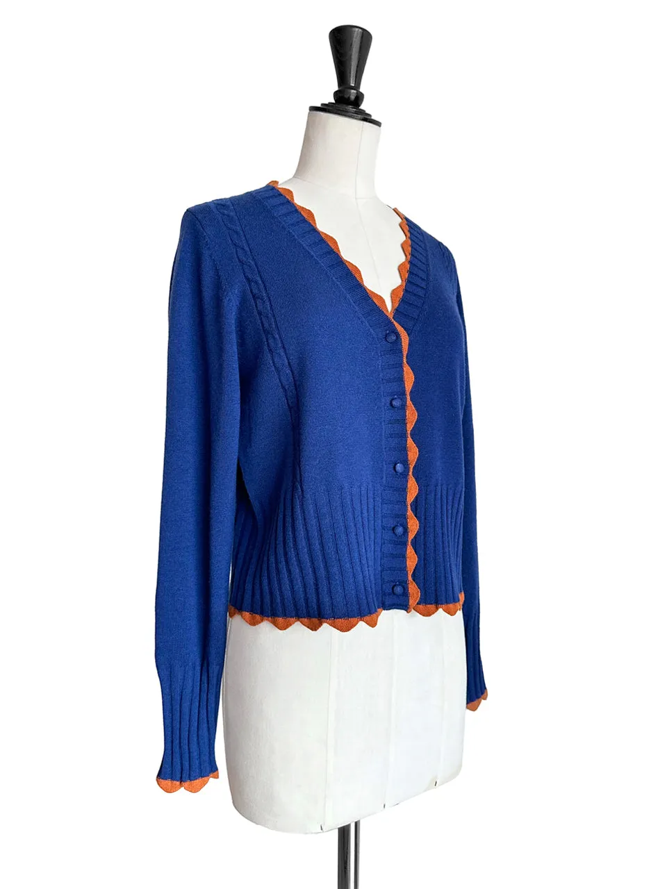 Blue Contrast Scallop Trim Cashmere & Wool Cropped Cardigan