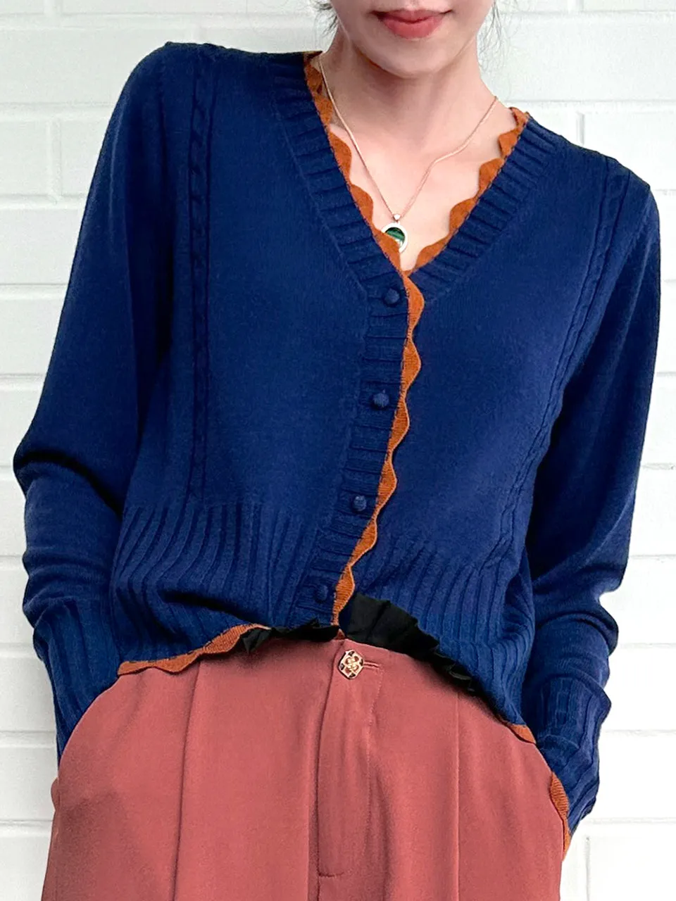 Blue Contrast Scallop Trim Cashmere & Wool Cropped Cardigan