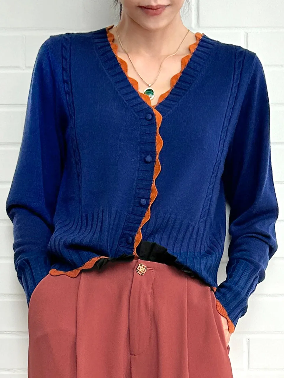 Blue Contrast Scallop Trim Cashmere & Wool Cropped Cardigan