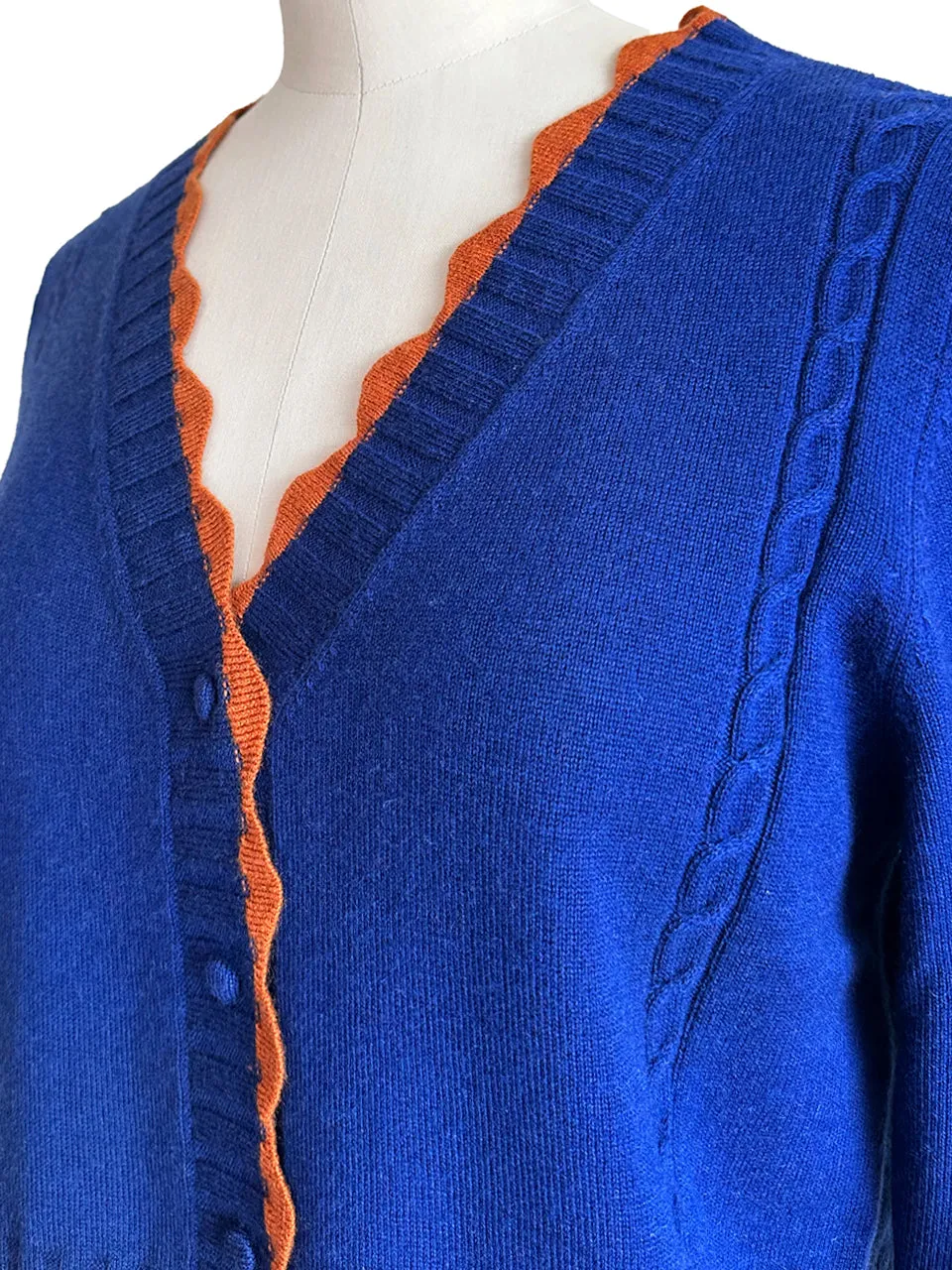 Blue Contrast Scallop Trim Cashmere & Wool Cropped Cardigan