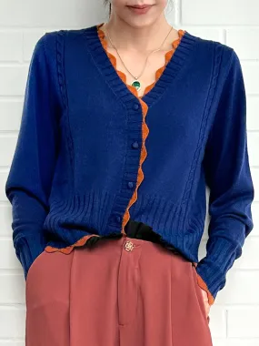 Blue Contrast Scallop Trim Cashmere & Wool Cropped Cardigan