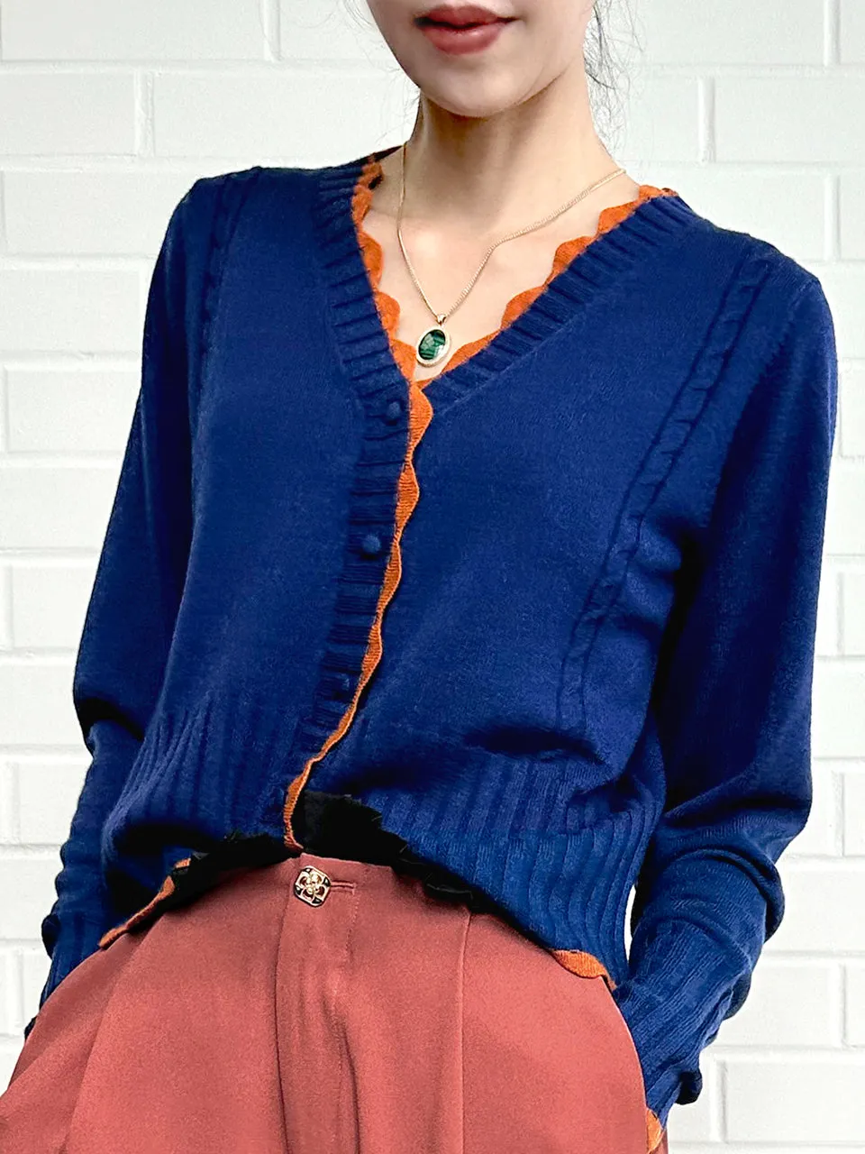 Blue Contrast Scallop Trim Cashmere & Wool Cropped Cardigan