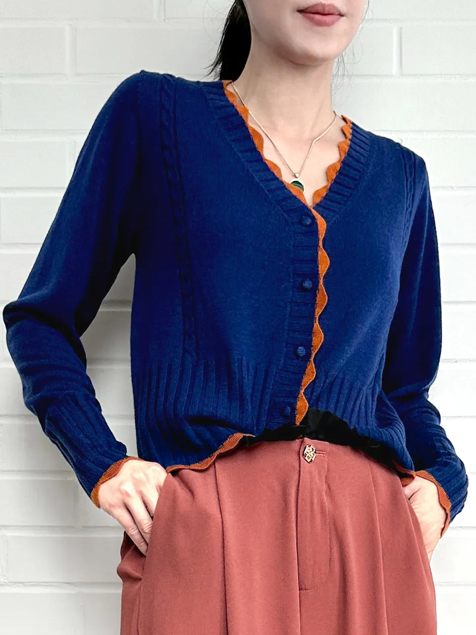 Blue Contrast Scallop Trim Cashmere & Wool Cropped Cardigan