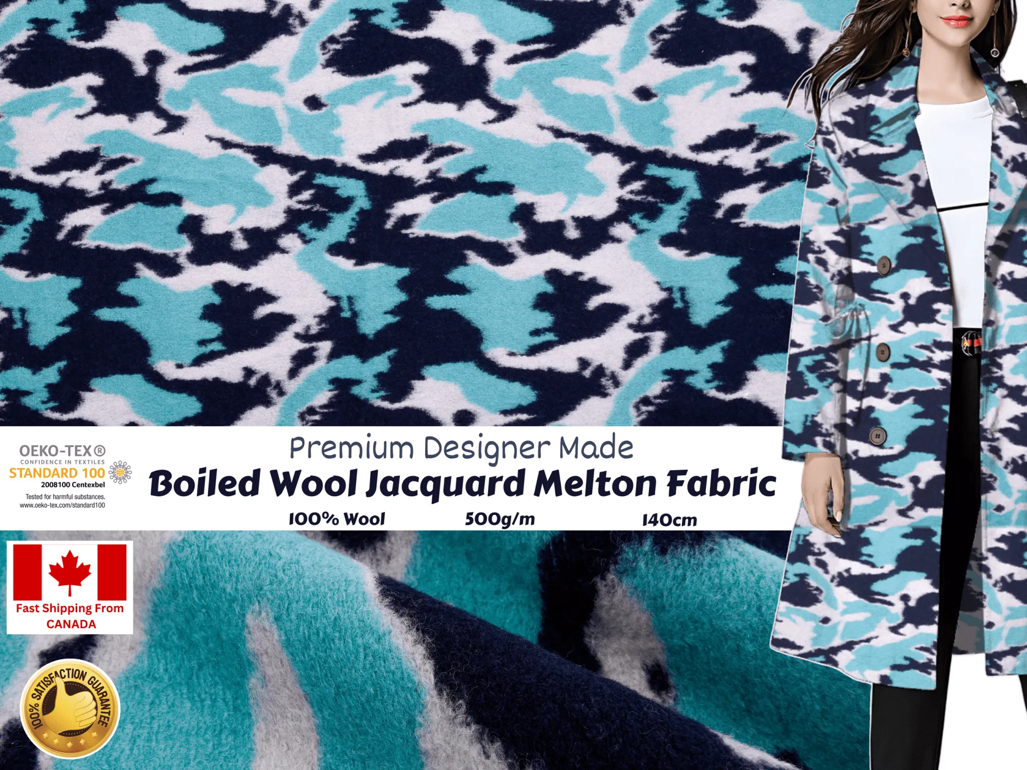 Boiled Wool Jacquard Melton Military Mint Design Fabric