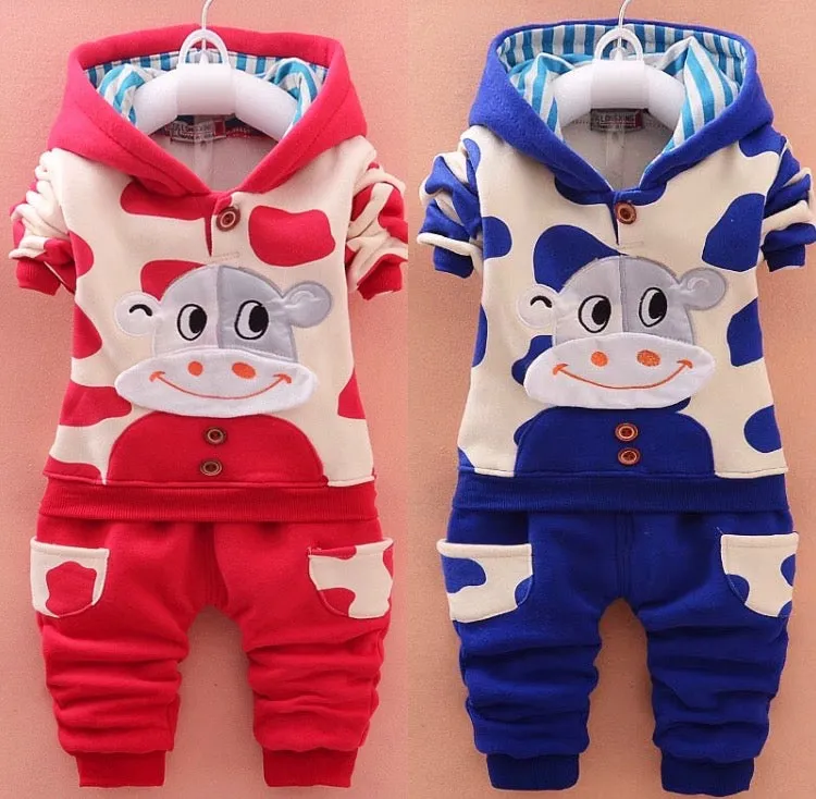 Boys And Girls Thick Fleece Cow Hoodie   Pants 2 Pcs Set