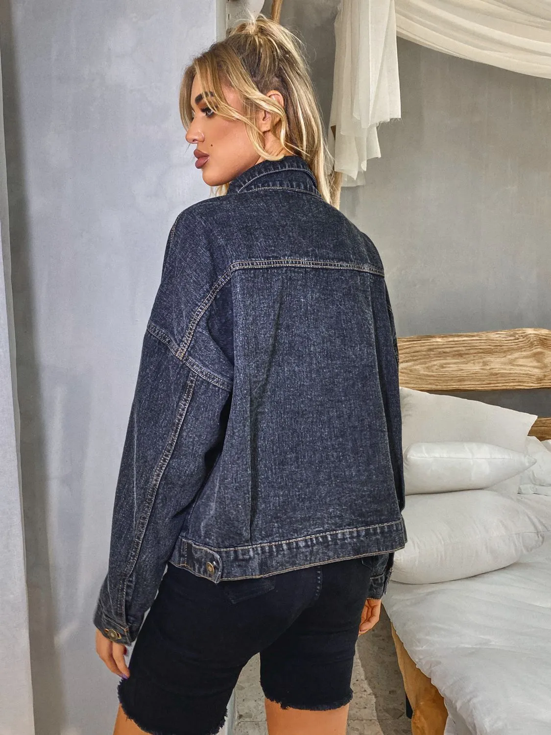 Collared Neck Dropped Shoulder Denim Jacket